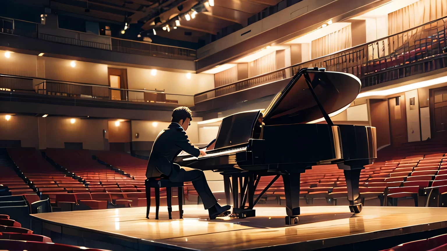 A man playing the piano alone in a concert hall at night