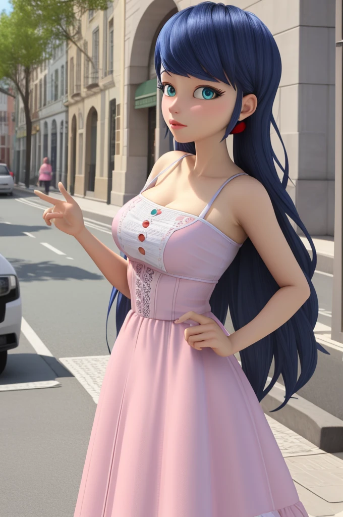 (8k, RAW photo, best quality, masterpiece:1.2), (intricate details), perfect eyes, perfect face, perfect lighting, beautiful, (masterpiece:1.2), (best quality:1.2), 1girl, solo, Marinette, blue hair, ((long loosen hair)), adult torso, 19 years old, slight smile, huge sized breasts, (pink dress), cowboy shot, 3DMM, standing, front view