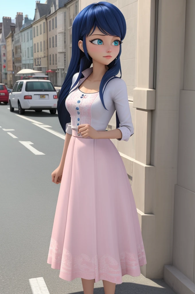 (8k, RAW photo, best quality, masterpiece:1.2), (intricate details), perfect eyes, perfect face, perfect lighting, beautiful, (masterpiece:1.2), (best quality:1.2), 1girl, solo, Marinette, blue hair, ((long loosen hair)), adult torso, 19 years old, slight smile, huge sized breasts, (pink dress), cowboy shot, 3DMM, standing, front view