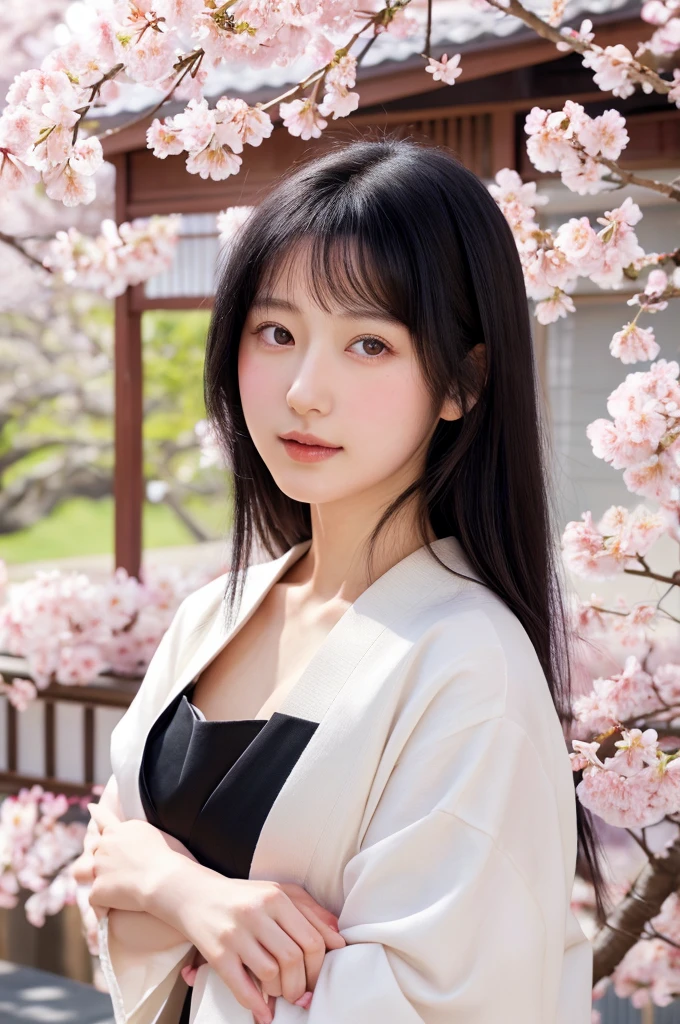 A realistic depiction of Kaguya Shinomiya, set in a traditional Japanese tea house surrounded by blooming cherry blossoms, (detailed black hair:1.3), (realistic skin tone), (natural lighting), (vivid colors), wearing her signature with realistic textures, (lifelike expressions), (ethereal and serene:1.2), (soft focus background)