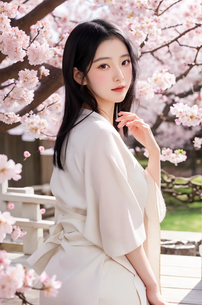 A realistic depiction of Kaguya Shinomiya, set in a traditional Japanese tea house surrounded by blooming cherry blossoms, (detailed black hair:1.3), (realistic skin tone), (natural lighting), (vivid colors), wearing her signature  with realistic textures, (lifelike expressions), (ethereal and serene:1.2), (soft focus background)