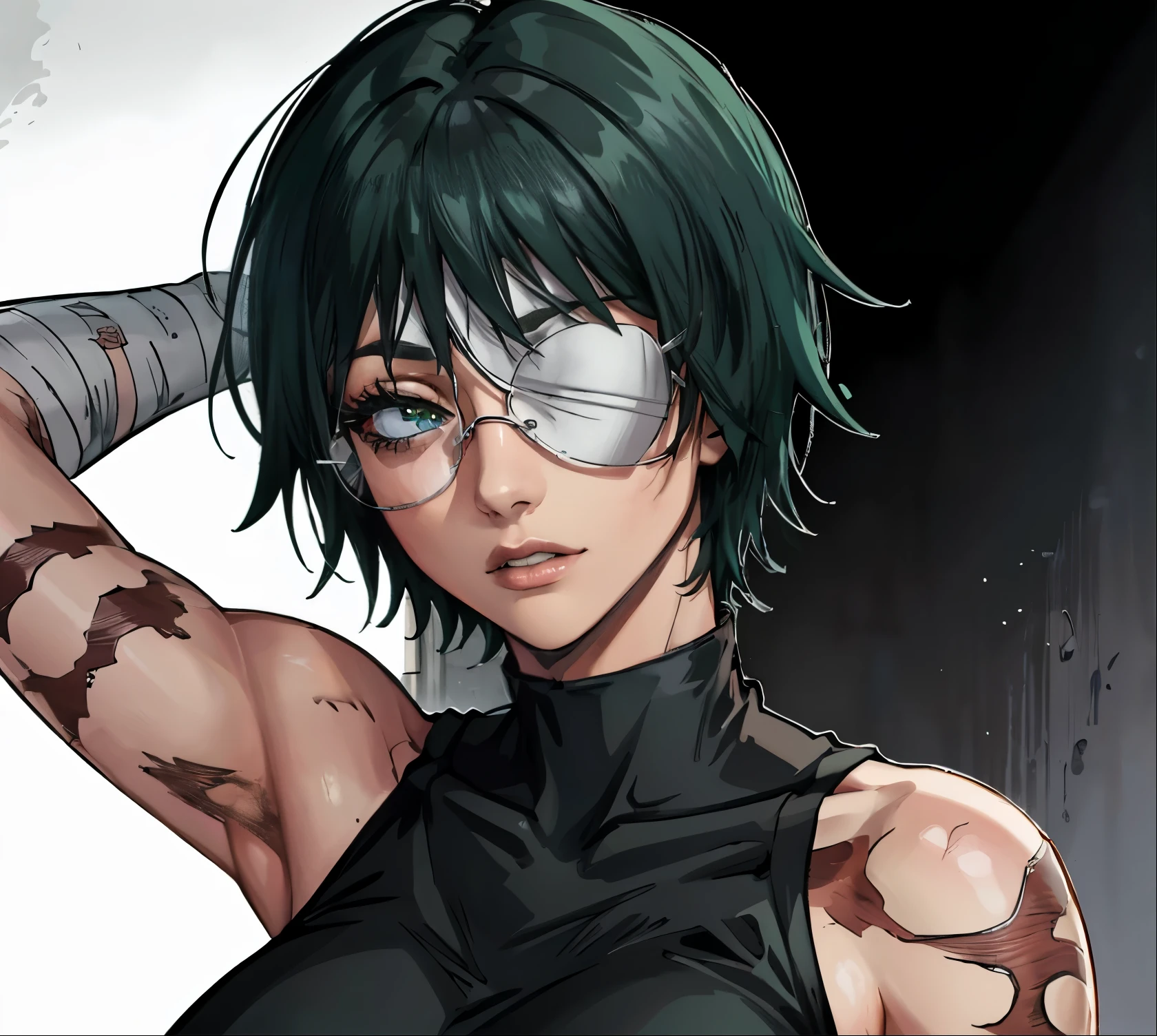 (masterpiece:1.2, best quality:1.2, beautiful, high quality, highres:1.1), 1girl, detailed, short hair, short fluffy hair, short green hair, extremely detailed 4K, perfect eyes, perfect face, visible bandaid, 1 eye, bandaid covering eye, other eye covered, eye covered with bandaid, circle arms, serious gaze, ready for battle, combat face, glasses, circle shaped glasses, yellow shiny eyes, yellow colored eyes, Bandaid on face, posing, hands, arms, scars on arms, scars on face, scars on cheek, bangs, really short hair, scars on body, Maki Zenin eyes, perfect eyes, scars on face, dangerous, eye patch, white bandage on eye, yellow colored eyes, exotica, scar on face, scar on cheeks, visible scars on cheeks, bandage on eye, scar on eye, Maki Zenin, scar on body, very short hair, circle glasses, dark scars on face, Maki Zenin LoRA, black shirt, scar on eye, scars, sleeveless, crop top, beautiful face, perfect lighting, (1girl, solo, adult female, mature female), thin, lithe body, Maki Zenin, green hair, glasses, (big breasts), ((sensual seductive))