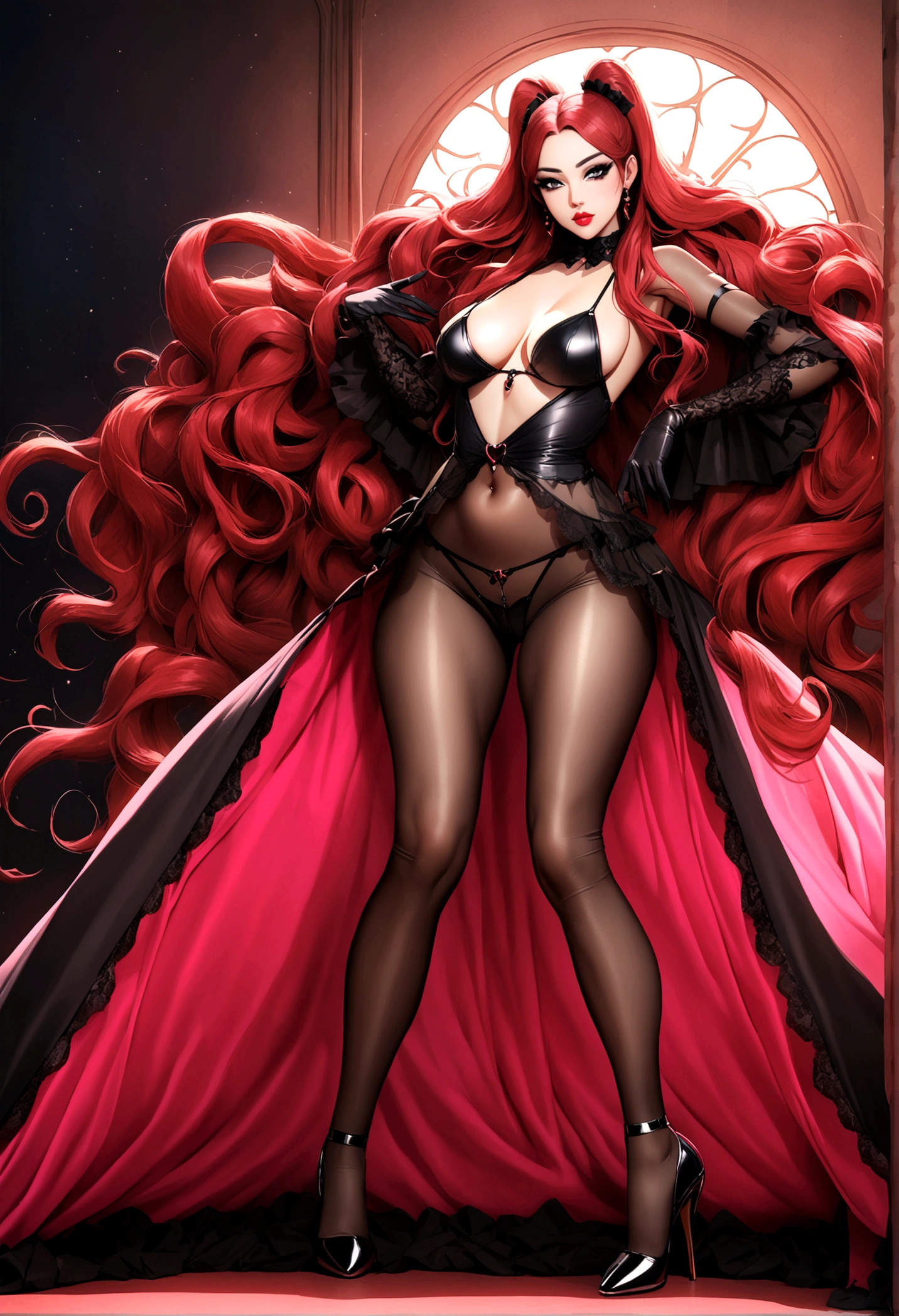 Masterpiece, best quality, 4k, Insanely Definition, uncensored, rating explicit, full body, dark toned skin, dark skin , long red hair, pubic hair , woman, muscular - fit body, white see-through lingerie, huge breasts ,
