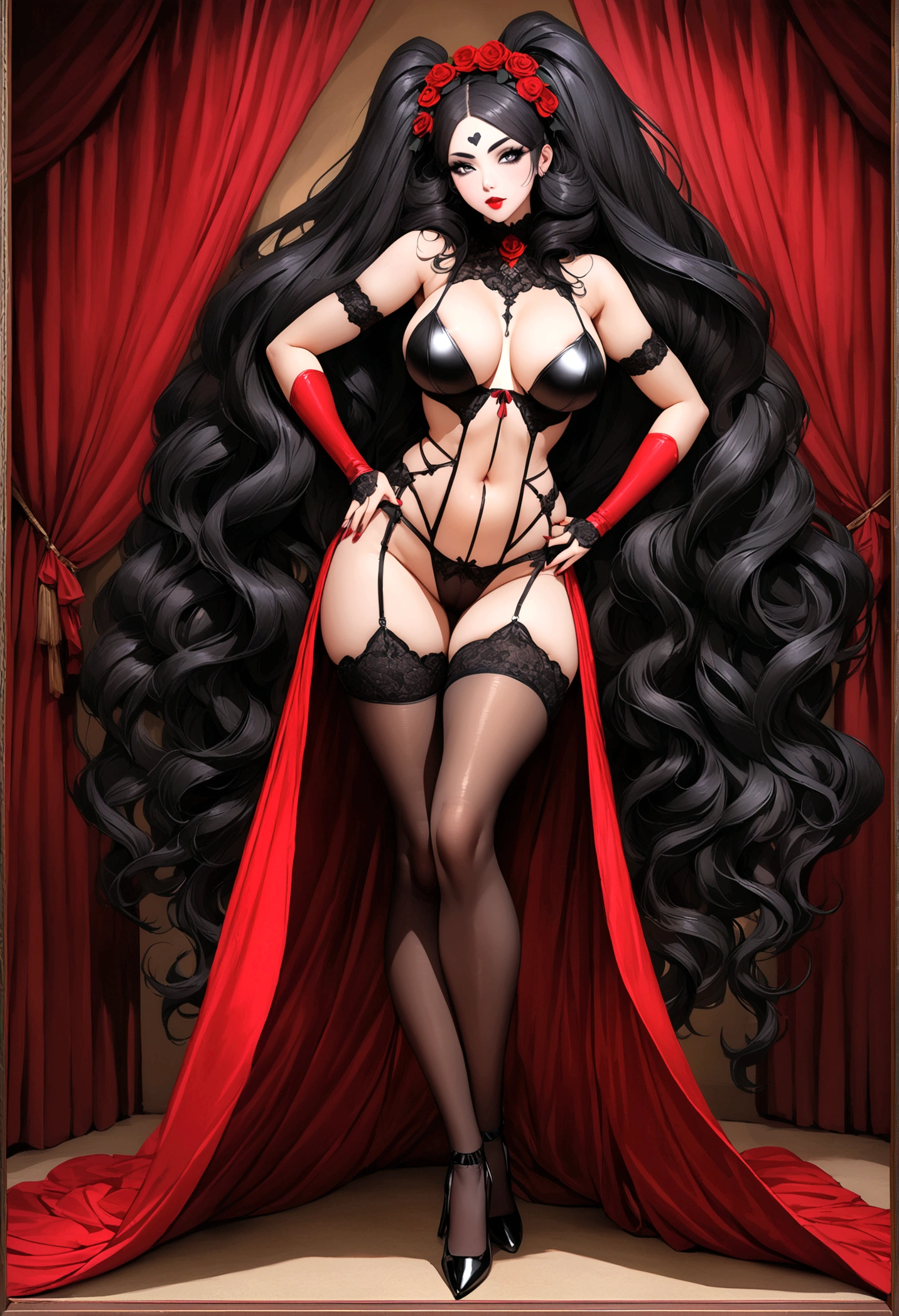 Create an image of the most stunningly gorgeous perfect sexul vixen, stunningly gorgeous beautiful perfect dinamic face, long luscious eyelashes, black eyeliner, black eye shadow, natural tone makeup, lipstick, hyper detailed realistic vibrant eyes, long luscious hair, perfect apple bottom body figure, detailed silky smooth skin, sexy spandex bdsm lingerie, stiletto high heels,