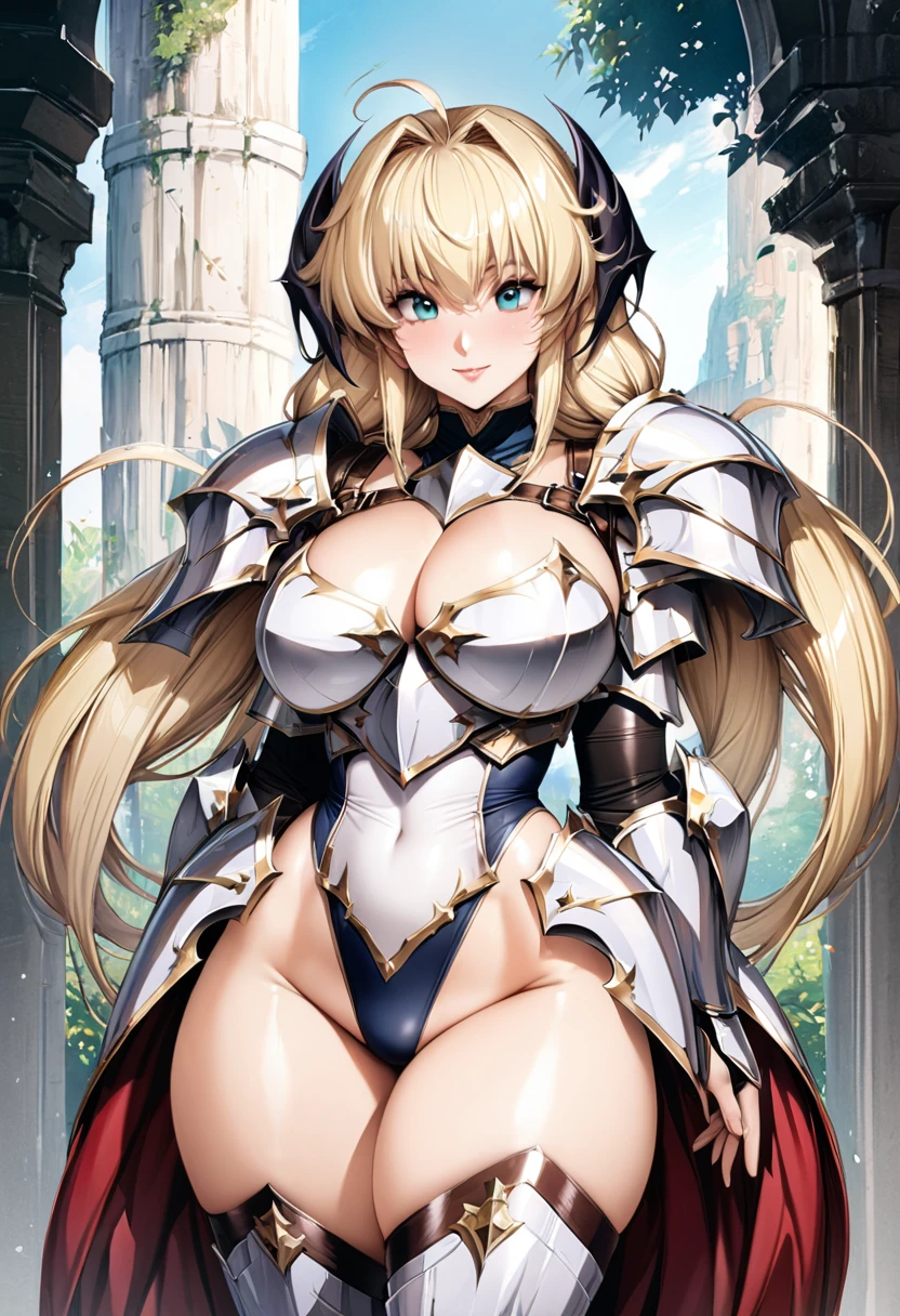 ((highest quality)), ((masterpiece)), ((hyperrealistic)), (detailed background), solo, 1girl, ((curvy: 1.2)), kawaii, smile, dark princess, ((armored dress: 1.3)), langrisser, blonde long twin tail hair, Ahoge, (paladin magic armor), ((Tight-fitting leotard bodysuit)), ((huge breasts)), ((arm guard gauntlet)), (metal harness breastplate), body harness, belt waist armor, ((zettai ryouiki knee socks boots)), (big butt), (cleavage cutout), (Groin), (thighs), beautiful aqua eyes, droopy eyes, perfect face, Perfect hands, perfect fingers, Blue sky and grassland, posing, elegant pose