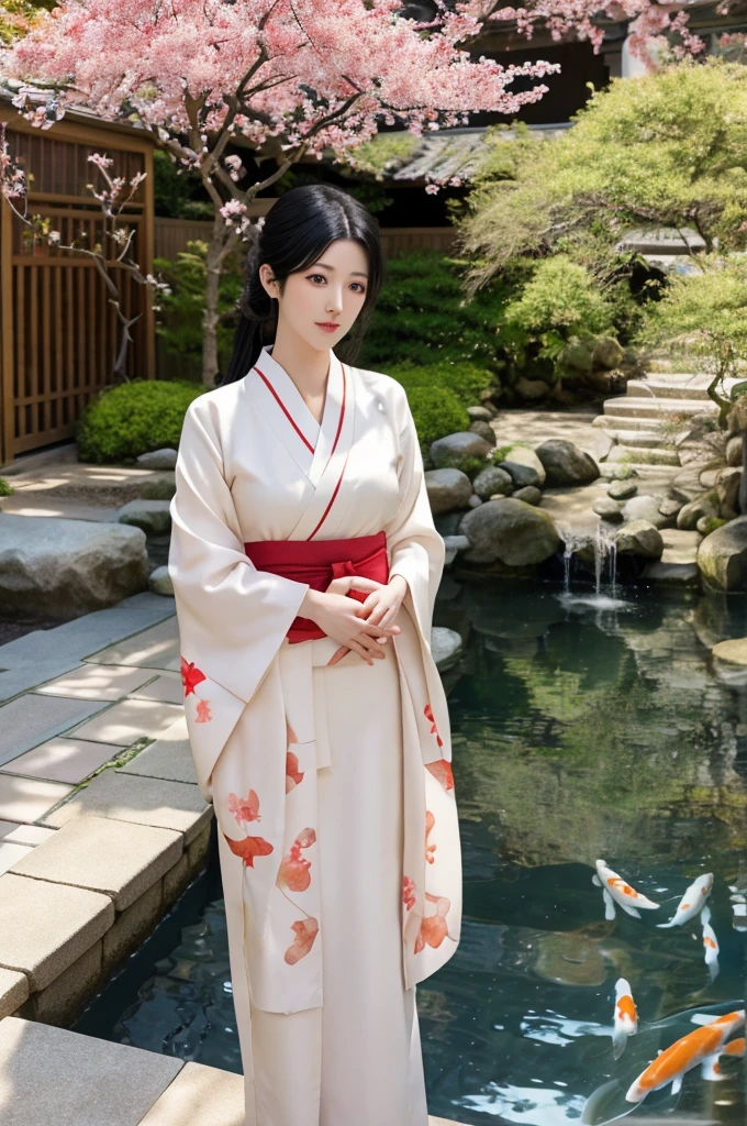 Kaguya Shinomiya in a realistic style, standing in a picturesque courtyard with a koi pond and blossoming trees, (detailed black hair:1.3), (realistic with intricate details), (expressive red eyes:1.2), (soft and natural lighting), (vivid colors), (realistic skin texture), (dynamic and lifelike pose), cinematic composition