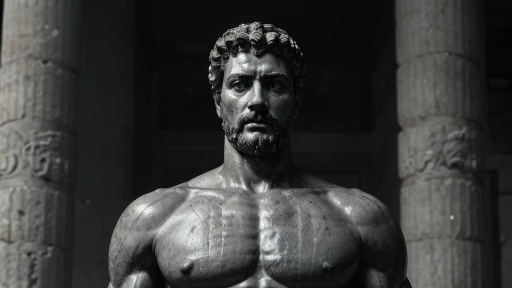 a portrait statue of the stoic Marcus Aurelius in black and white 4K, Super realistic ANCIENT GREEK RUINS, fully body, corpo stark, brawny, stark, wearing no shirt, tronco stark, stark, wearing no shirt, strong arms, 8K, ultra realisitic, cinematographic