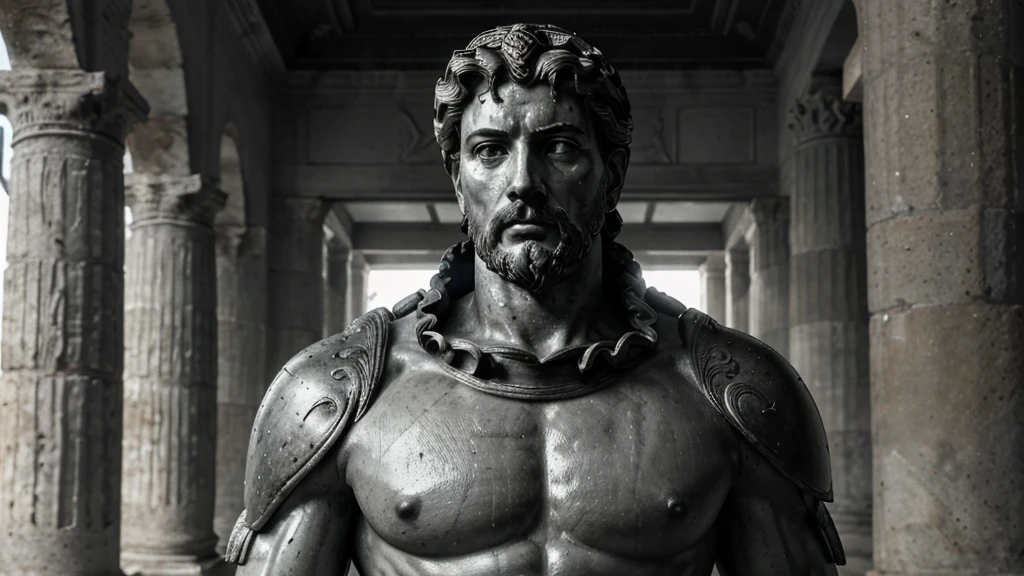 a portrait statue of the stoic Marcus Aurelius in black and white 4K, Super realistic ANCIENT GREEK RUINS, fully body, corpo stark, brawny, stark, wearing no shirt, tronco stark, stark, wearing no shirt, strong arms, 8K, ultra realisitic, cinematographic