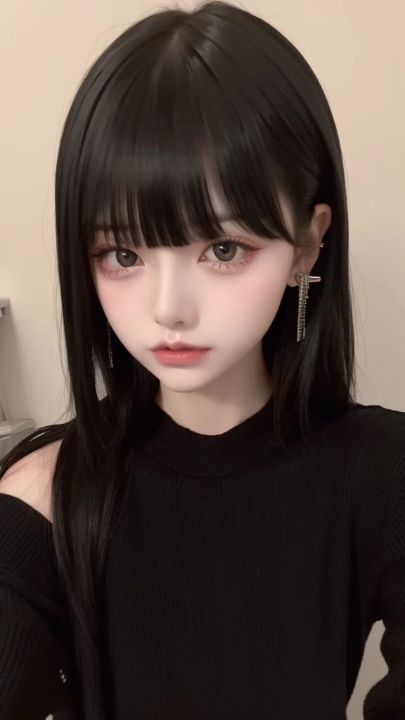 Highest quality、8K、32k、masterpiece、Hmph:1.2)、One Girl、One Girl、Black-haired、Heavy bangs、Chest-length hair、Focus on the face、Focus on the face、Virgin killer sweater