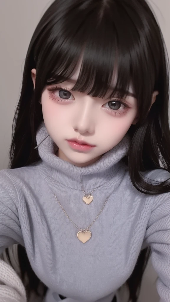 Highest quality、8K、32k、masterpiece、Hmph:1.2)、One Girl、One Girl、Black-haired、Heavy bangs、Chest-length hair、Focus on the face、Focus on the face、Virgin killer sweater