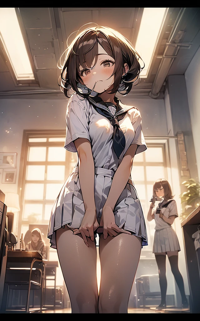 (nsfw:1.3),
(No sideburns),
(brown bob short bangs hair), (bob medium length hair),
(put your hair up:0.2),
(Gorgeous, voluminous cabaret club girl hairstyle),
(brown Princess bangs), (brown hair), (bob medium length hair), (middle_length waved hair), (vertical roll medium length hair), (bangs hair),
((Shaggy princess cut medium length tied at the back waved hair),
put your hair up,
Masterpiece, high quality, High resolution, extremely detailed, cute with glowing white skin, eyelashes and cute dark-brown eyes, Jewelry Accessories Anime, gorgeous background-centered composition,
(Best quality, 32k, photos of cute Japanese women),
(Raw photo: 1.2),
(Background is indoors Small office Numerous nude model posters on the wall),
White, black and gray interior,
White wall,
High concrete ceiling,
Concrete floor,
cool-lighting,
(Dark Background),
1girl and 1boy,
detailed face and breast,
,
tall,
(Schoolgirl Short Sleeve uniform ),
(Take off your skirt),
(Bottomless:1.4),
(Lower body exposed:1.4),
(Vagina:1.4),
(shy :1.5),
(Close your eyes:1.3),
(Biting the lower lip:1.3),
(Frowning:1.0),
(Squirting),
(peek camelto pussy public hair),
(standing),
(from front-position:2.0),
(from below:1.2),