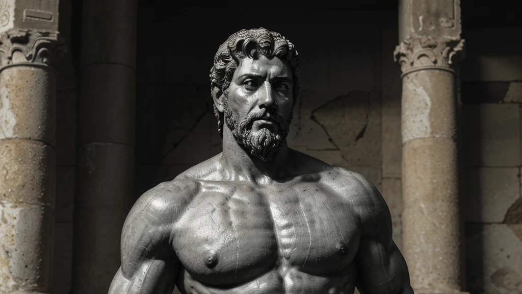 a portrait statue of the stoic Marcus Aurelius in black and white 4K, Super realistic ANCIENT GREEK RUINS, fully body, corpo stark, brawny, stark, wearing no shirt, tronco stark, stark, wearing no shirt, strong arms, 8K, ultra realisitic, cinematographic