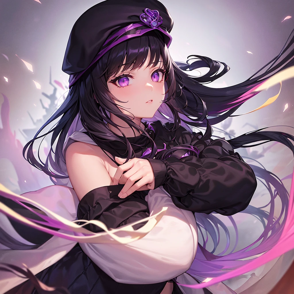 ((best quality)), ((masterpiece)), (detailed), 1girl,black hair, wear a violet hood with combi of black, long sleeve, upper body, infinite neclace, red berret, black writing on the shirt, yensa ,lilac eyes