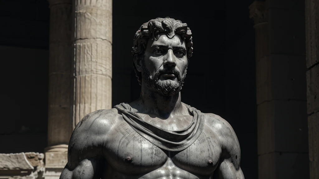 a portrait statue of the stoic Marcus Aurelius in black and white 4K, Super realistic ANCIENT GREEK RUINS, fully body, corpo stark, brawny, stark, wearing no shirt, tronco stark, stark, wearing no shirt, strong arms, 8K, ultra realisitic, cinematographic