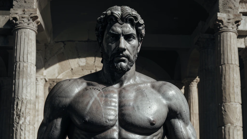 a portrait statue of the stoic Marcus Aurelius in black and white 4K, Super realistic ANCIENT GREEK RUINS, fully body, corpo stark, brawny, stark, wearing no shirt, tronco stark, stark, wearing no shirt, strong arms, 8K, ultra realisitic, cinematographic