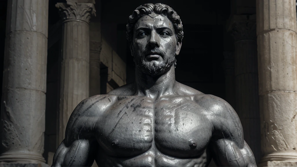a portrait statue of the stoic Marcus Aurelius in black and white 4K, Super realistic ANCIENT GREEK RUINS, fully body, corpo stark, brawny, stark, wearing no shirt, tronco stark, stark, wearing no shirt, strong arms, 8K, ultra realisitic, cinematographic