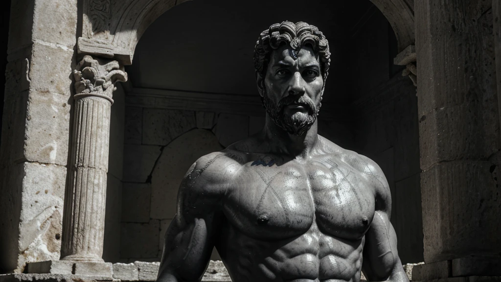 a portrait statue of the stoic Marcus Aurelius in black and white 4K, Super realistic ANCIENT GREEK RUINS, fully body, corpo stark, brawny, stark, wearing no shirt, tronco stark, stark, wearing no shirt, strong arms, 8K, ultra realisitic, cinematographic