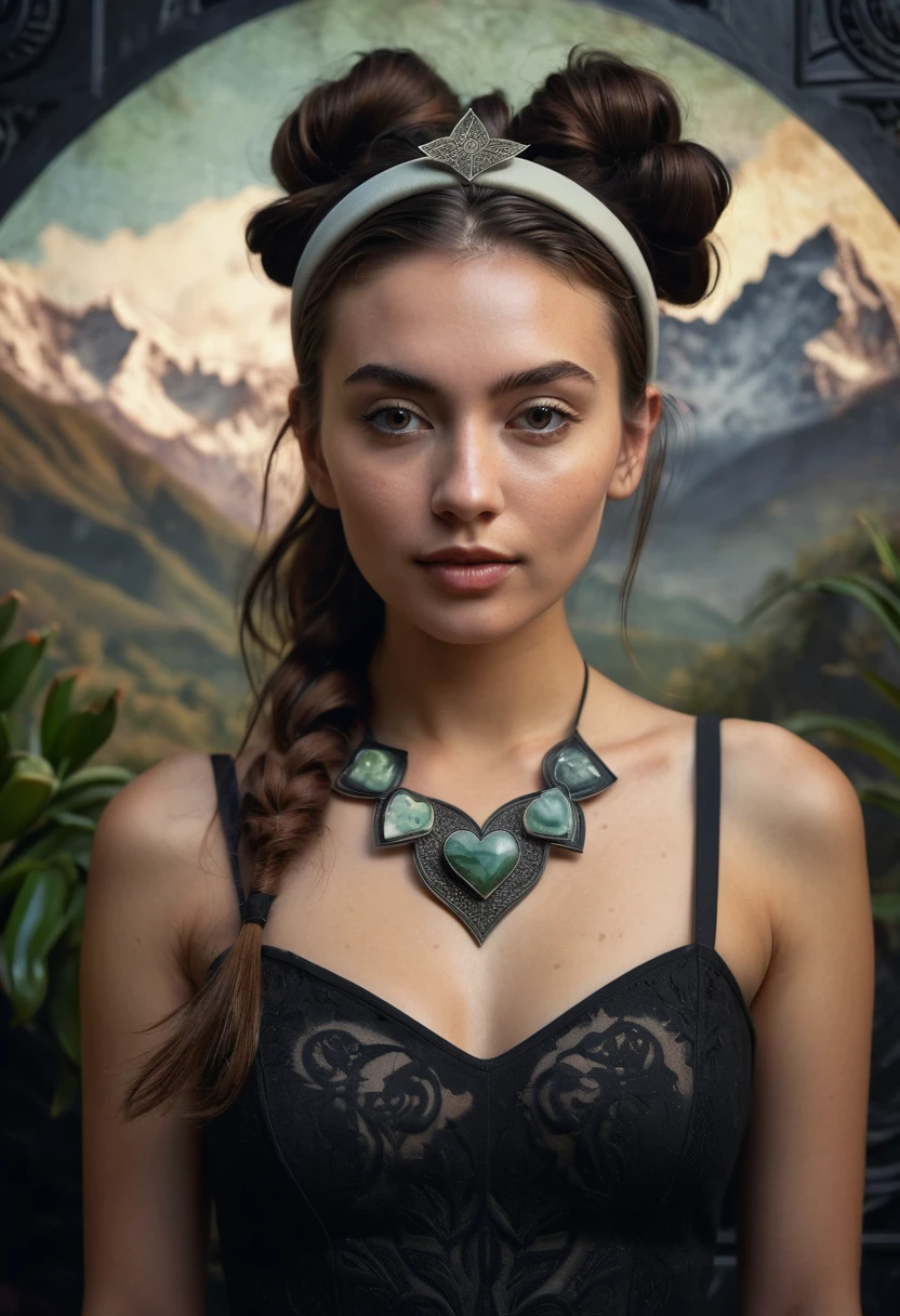 young happy wife with a designer hat on looks to the camera, her dark hair casually pulled back into ponytail. her old worn hat has an orchid flower patch on the front, she holds a large sophisticated illustrated print of a complex geometrical yantra shape of a jade heart, mountain peaks, waterfall , human figure outlines, energetic waves, orchids. masterpiece, woman in a black dress standing in a dark room, gothic and futuristic, gothic influence, wearing a gothic dress, gothic fashion, grim fashion model looking up, dark and gothic, gothic style, dark gothic dress, vampire fashion, modeling photograph gothic clothing, dark dress, gothic aesthetic, wearing modern gothic clothes, gothic dress, dark garments(realistic:1.3) , finely detailed, quality, (masterpiece:1.2) , (photorealistic:1.2) , (best quality) , (detailed skin:1.3) , (intricate details) , ray tracing, dramatic, 1 girl portrait, (Best Quality, HDR, raw),solo woman, ((dark amber hair pulled back in hairband)), dreamy cumulus land, extraordinary, , flowing evening, she's intrudes, giant dark embraces, hidden, floating, mud the air molecules are alive, the background hand-painted MURAL biological machine, painted background, (hand tinted amber), as she makes her way, no makeup, natural, ethereal lovely, dark shadows and DEEP colors,night, messy hair, film grain, retro, Porta 160 color, shot on ARRI ALEXA 65, long depth of field, raw