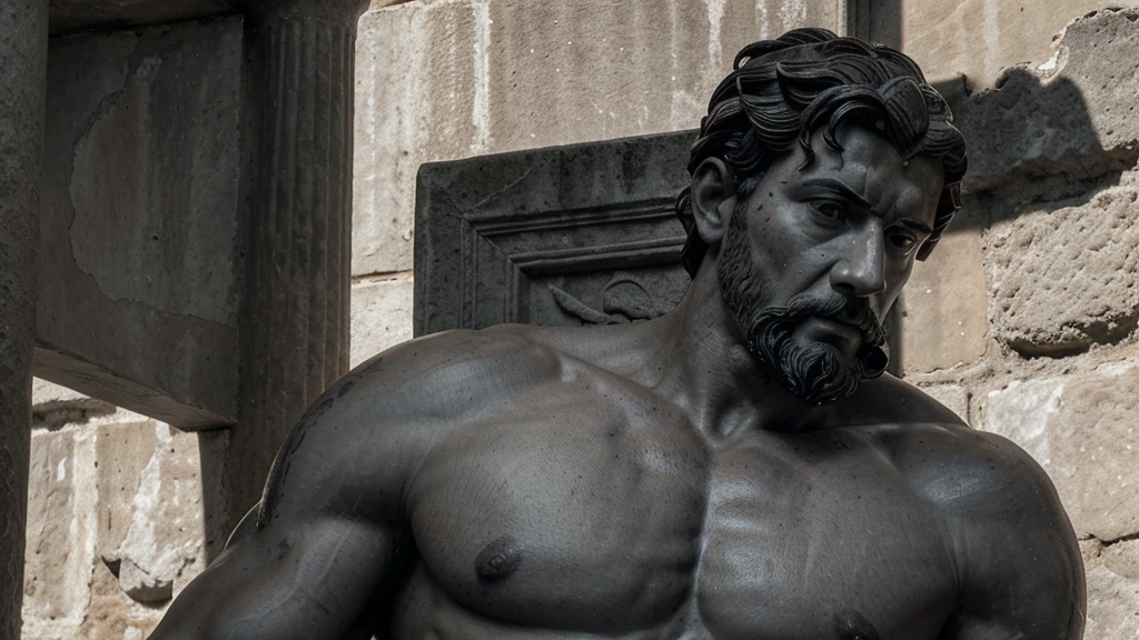 a portrait statue of the stoic Marcus Aurelius in black and white 4K, Super realistic ANCIENT GREEK RUINS, fully body, corpo stark, brawny, stark, wearing no shirt, tronco stark, stark, wearing no shirt, strong arms, 8K, ultra realisitic, cinematographic
