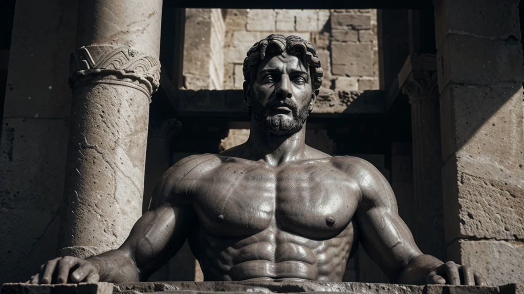 a portrait statue of the stoic Marcus Aurelius in black and white 4K, Super realistic ANCIENT GREEK RUINS, fully body, corpo stark, brawny, stark, wearing no shirt, tronco stark, stark, wearing no shirt, strong arms, 8K, ultra realisitic, cinematographic