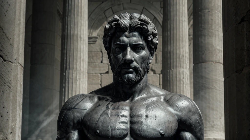 a portrait statue of the stoic Marcus Aurelius in black and white 4K, Super realistic ANCIENT GREEK RUINS, fully body, corpo stark, brawny, stark, wearing no shirt, tronco stark, stark, wearing no shirt, strong arms, 8K, ultra realisitic, cinematographic