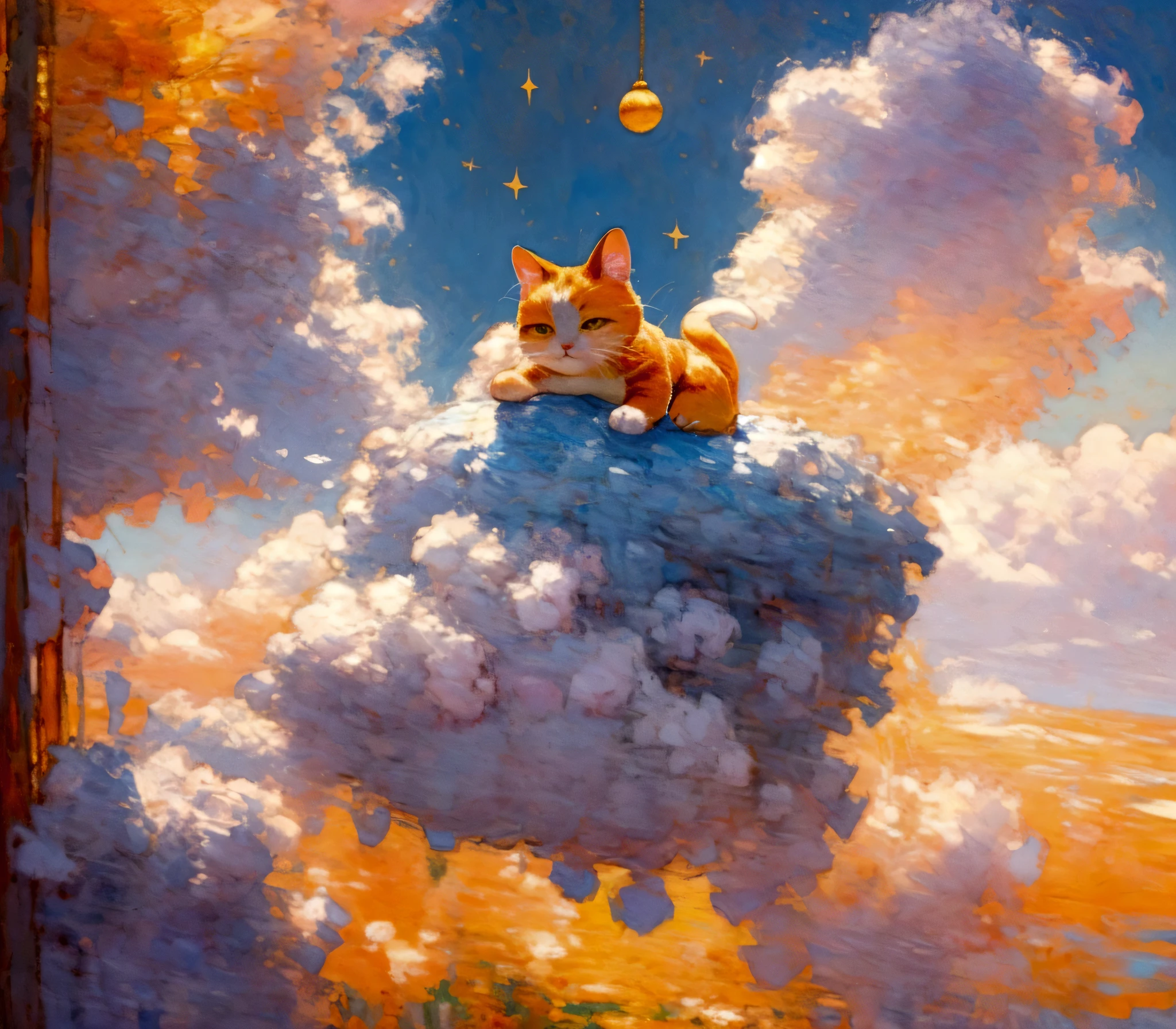 Please draw a picture that meets the following conditions.
The angle of view is a close-up,HD, Disney Pixar style, digital painting, natural lighting, rich background, edge lighting, dreamy color tone, color palette, aspect ratio 16:9This picture depicts a small orange-and-white cat lying peacefully on a cloud that looks like snow, with its eyes closed, as if enjoying a sweet dream. The cat’s expression is very calm and content, with its mouth corners slightly turned up as if it’s smiling. The background of the painting is a dreamlike starry sky, adorned with dangling stars and soft halos, some of which connect with graceful lines to create a quiet and peaceful night atmosphere.The overall style can be described as full of fantasy and fairy-tale colors. The entire image is dominated by warm and bright colors, The use of color is soft and layered; the orange and white cat contrasts sharply with the dark blue and purple background, creating a warm versus cool tone that enhances the snug feel of the picture.presenting a peaceful, warm, and pleasant feeling that makes one’s mood very relaxed and happy after looking at it. In addition, the details of the painting are exquisitely handled, such as the texture of the cat’s fur, the fluffiness of the clouds, and the twinkling starlight, all of which add to the picture’s delicacy and charm.