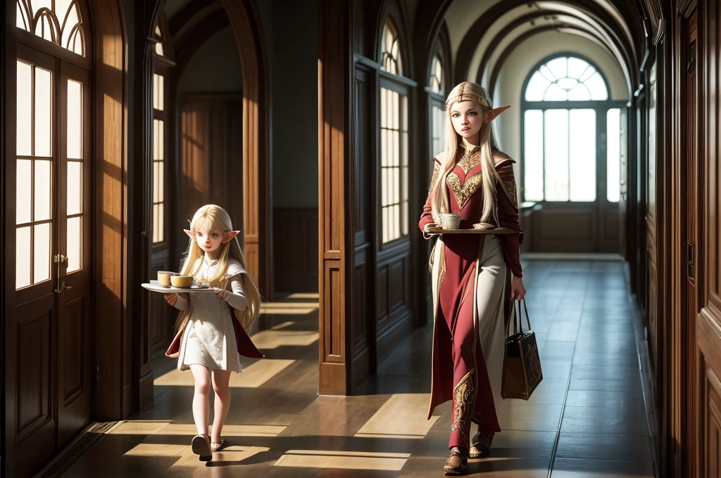 Young elf walking down the hallway, carrying a tray to her boss's room, fantasy era, anime style, elven walls.