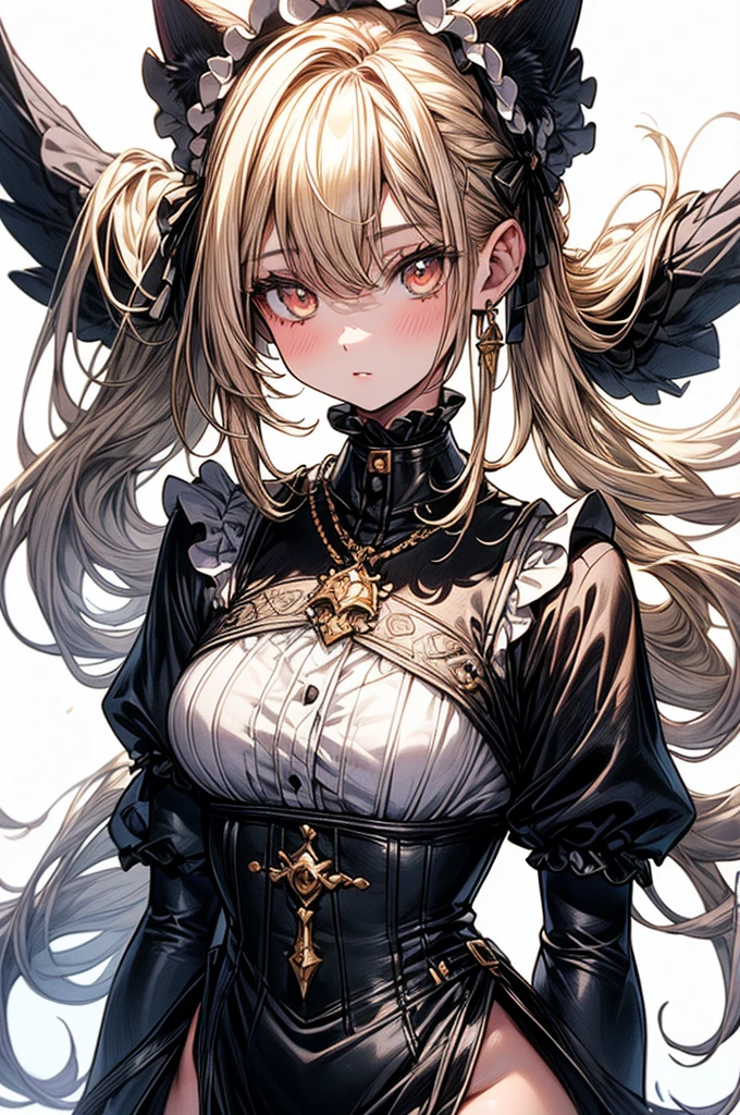 ((highest quality)),(ultra high resolution),(Super detailed),(detailed description),((best CG)),(best work of art),super precision art, great drawing art,(Art with precise details:1.5), (1 woman:1.5), beautiful and well-shaped face:1.5,(Beautiful skin with precise and detailed depiction:1.6),(Very precisely depicted French Maid outfit),provocative angle:1.6,gorgeous, masterpiece, best quality, high-resolution, finely detailed, extremely detailed and beautiful, distinct-image, 1 girl, solo, White French Maid Uniform, beautiful young teenage girl, 13 years old, pearly white skin, Blonde braided ponytail hair, adorable and cute facial features, golden-brown colored eyes, Black sheer stockings plump thick lips, tiny breasts, slender and slim toned body type, tall height(180cm), small narrow waist, wide curvy hips, plump large round ass, full body picture, cat-ears, cat tail
