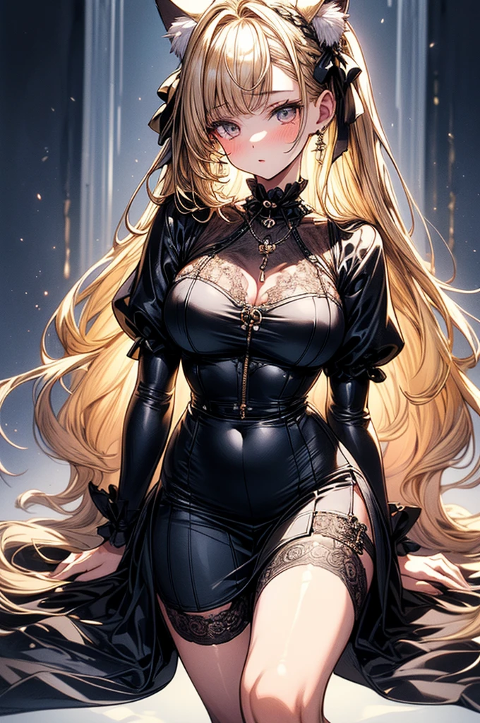 ((highest quality)),(ultra high resolution),(Super detailed),(detailed description),((best CG)),(best work of art),super precision art, great drawing art,(Art with precise details:1.5), (1 woman:1.5), beautiful and well-shaped face:1.5,(Beautiful skin with precise and detailed depiction:1.6),(Very precisely depicted French Maid outfit),provocative angle:1.6,gorgeous, masterpiece, best quality, high-resolution, finely detailed, extremely detailed and beautiful, distinct-image, 1 girl, solo, White French Maid Uniform, beautiful young teenage girl, 13 years old, pearly white skin, Blonde braided ponytail hair, adorable and cute facial features, golden-brown colored eyes, Black sheer stockings plump thick lips, tiny breasts, slender and slim toned body type, tall height(190cm), small narrow waist, wide curvy hips, plump large round ass, full body picture, cat-ears, cat tail
