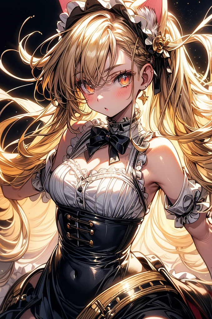 ((highest quality)),(ultra high resolution),(Super detailed),(detailed description),((best CG)),(best work of art),super precision art, great drawing art,(Art with precise details:1.5), (1 woman:1.5), beautiful and well-shaped face:1.5,(Beautiful skin with precise and detailed depiction:1.6),(Very precisely depicted French Maid outfit),provocative angle:1.6,gorgeous, masterpiece, best quality, high-resolution, finely detailed, extremely detailed and beautiful, distinct-image, 1 girl, solo, White French Maid Uniform, beautiful young teenage girl, 13 years old, pearly white skin, Blonde braided ponytail hair, adorable and cute facial features, golden-brown colored eyes, Black sheer stockings plump thick lips, tiny breasts, slender and slim toned body type, tall height(180cm), small narrow waist, wide curvy hips, plump large round ass, full body picture, cat-ears, cat tail