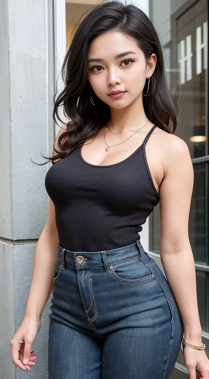 (masterpiece, best quality), beautiful woman, detailed sleeveless turtleneck top, pants, necklace, wavy hair, American casual fashion of the 1950s、American Girl、perfect face, beautiful face, alluring, big gorgeous eyes, open mouth, happy, perfect slim fit body, (outdoor), city streets, new york, bright colors