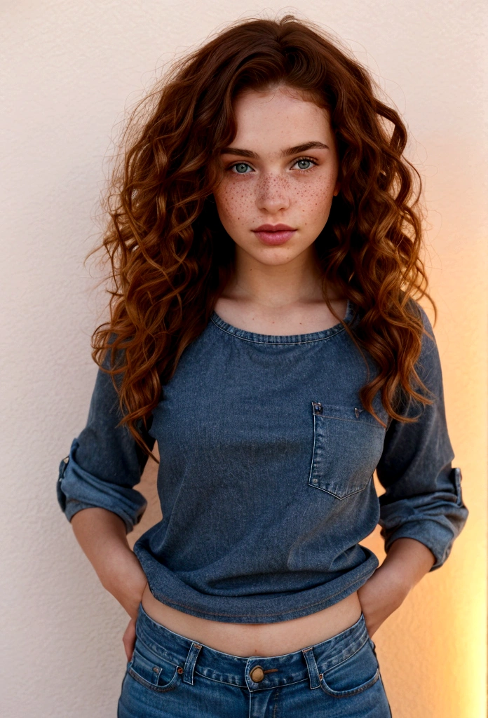 Young woman with fair skin, adorned with freckles on her cheeks, Full body photography, displays an athletic figure. The ultra-realistic photograph, taken with a high-fidelity camera, captures every intricate detail of her skin texture, the vibrant color and natural curls of her red-brown hair, and the captivating depth of her brown eyes. Her curly locks cascade down in luscious waves, each strand shimmering under the soft, natural light. The freckles on her cheeks add a charming touch to her flawless complexion, giving her a youthful and playful look. photograph taken at night. She is wearing jeans and a black t-shirt, full body photography, photograph taken at night.