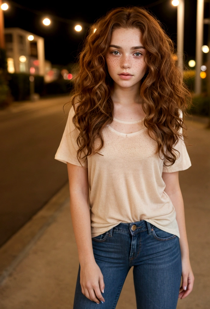 Young woman with fair skin, adorned with freckles on her cheeks, Full body photography, displays an athletic figure. The ultra-realistic photograph, taken with a high-fidelity camera, captures every intricate detail of her skin texture, the vibrant color and natural curls of her red-brown hair, and the captivating depth of her brown eyes. Her curly locks cascade down in luscious waves, each strand shimmering under the soft, natural light. The freckles on her cheeks add a charming touch to her flawless complexion, giving her a youthful and playful look. photograph taken at night. She is wearing jeans and a black t-shirt, full body photography, photograph taken at night.