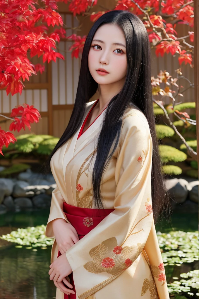 A hyper-realistic portrayal of Kaguya Shinomiya from Kaguya-sama: Love is War, standing in a tranquil Japanese garden at twilight, (detailed black hair:1.2), (lifelike facial features:1.3), wearing her  with realistic fabric textures, (expressive red eyes), (soft golden lighting), (intricate details:1.1), (serene background), (captivating atmosphere)