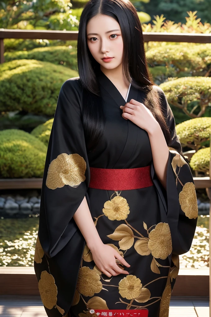 A hyper-realistic portrayal of Kaguya Shinomiya from Kaguya-sama: Love is War, standing in a tranquil Japanese garden at twilight, (detailed black hair:1.2), (lifelike facial features:1.3), wearing her with realistic fabric textures, (expressive red eyes), (soft golden lighting), (intricate details:1.1), (serene background), (captivating atmosphere)
