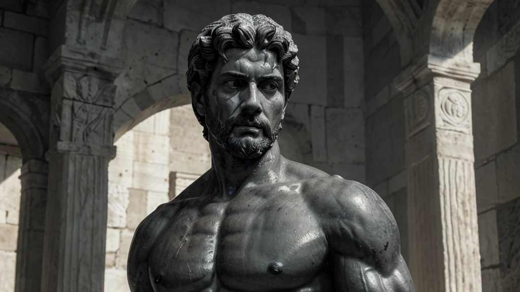 a portrait statue of the stoic Marcus Aurelius in black and white 4K, Super realistic ANCIENT GREEK RUINS, fully body, corpo stark, brawny, stark, wearing no shirt, tronco stark, stark, wearing no shirt, strong arms, 8K, ultra realisitic, cinematographic