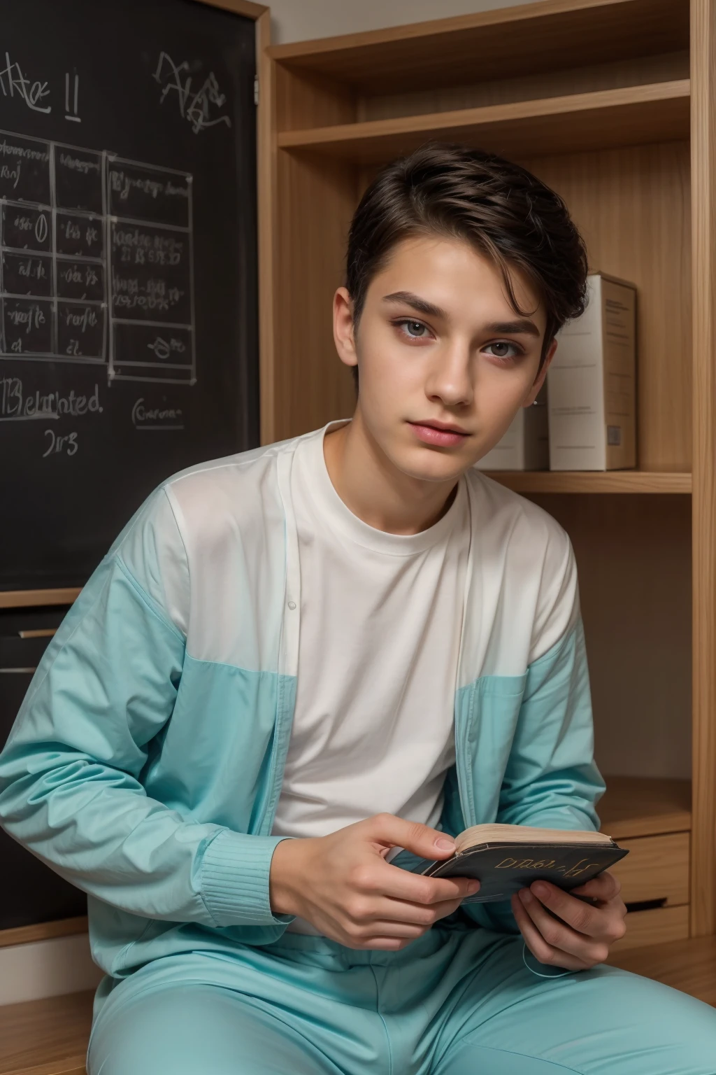 A beautiful young male twink, cute, with black hair and a face with makeup, wearing a bright white long-sleeved shirt and aqua blue pants, and he is in his office, and behind him is a blackboard on which is written the shape of the brain and its anatomy, and nuclear energy comes out of it, and he has a face with makeup and and.  His eyes have dark circles under them and he is sitting studying with a huge medical book on surgery. He appears innocent and has a beautiful face with makeup