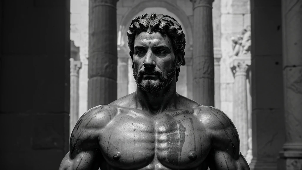a portrait statue of the stoic Marcus Aurelius in black and white 4K, Super realistic ANCIENT GREEK RUINS, fully body, corpo stark, brawny, stark, wearing no shirt, tronco stark, stark, wearing no shirt, strong arms, 8K, ultra realisitic, cinematographic