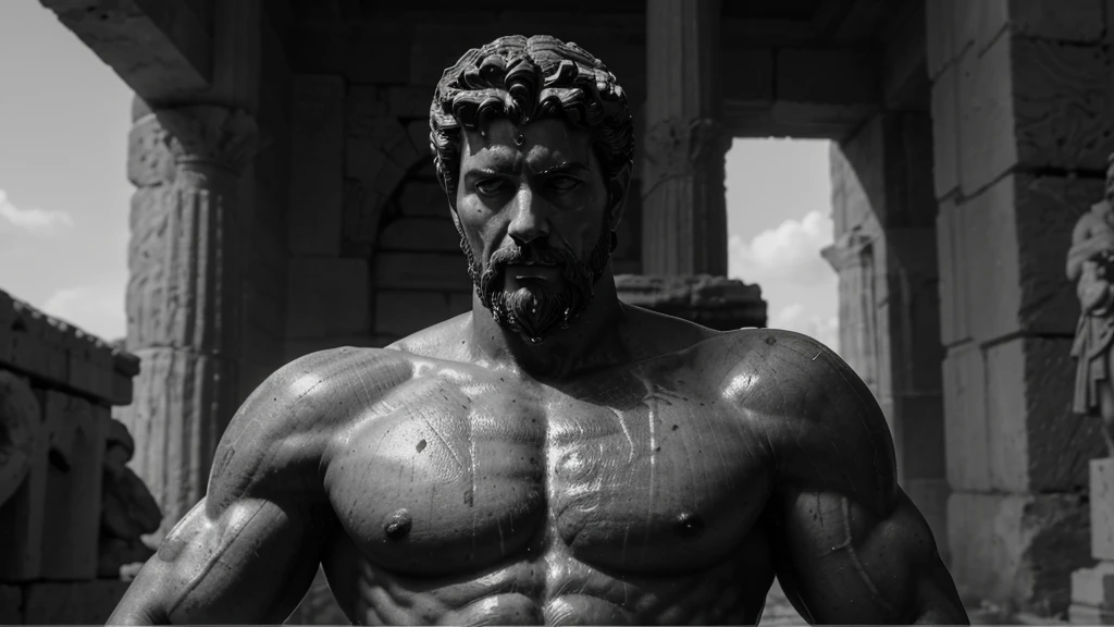 a portrait statue of the stoic Marcus Aurelius in black and white 4K, Super realistic ANCIENT GREEK RUINS, fully body, corpo stark, brawny, stark, wearing no shirt, tronco stark, stark, wearing no shirt, strong arms, 8K, ultra realisitic, cinematographic