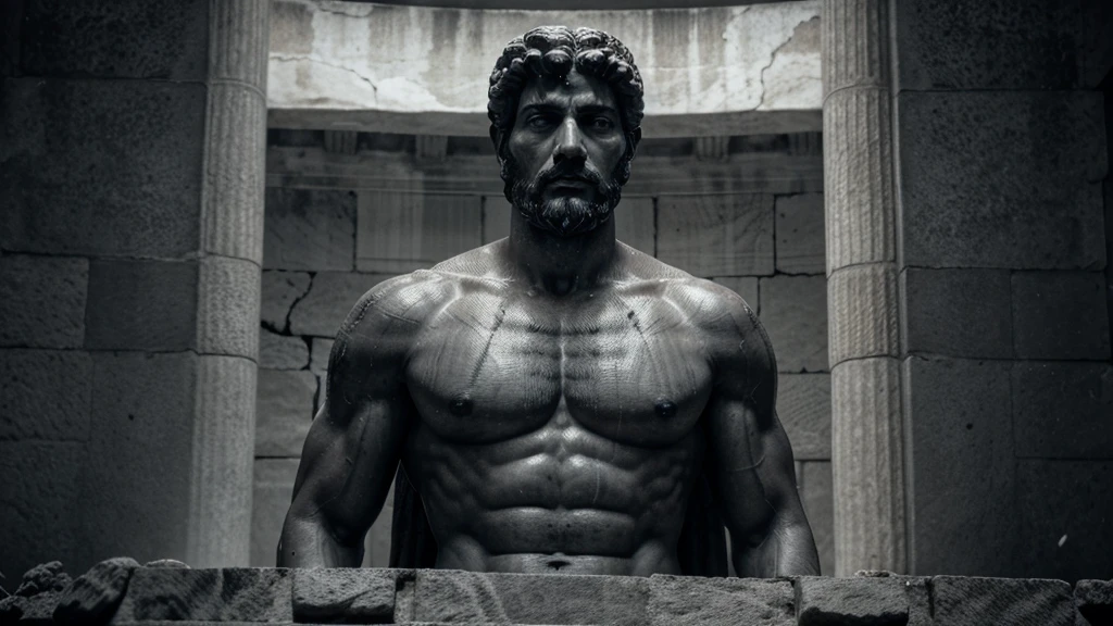 a portrait statue of the stoic Marcus Aurelius in black and white 4K, Super realistic ANCIENT GREEK RUINS, fully body, corpo stark, brawny, stark, wearing no shirt, tronco stark, stark, wearing no shirt, strong arms, 8K, ultra realisitic, cinematographic