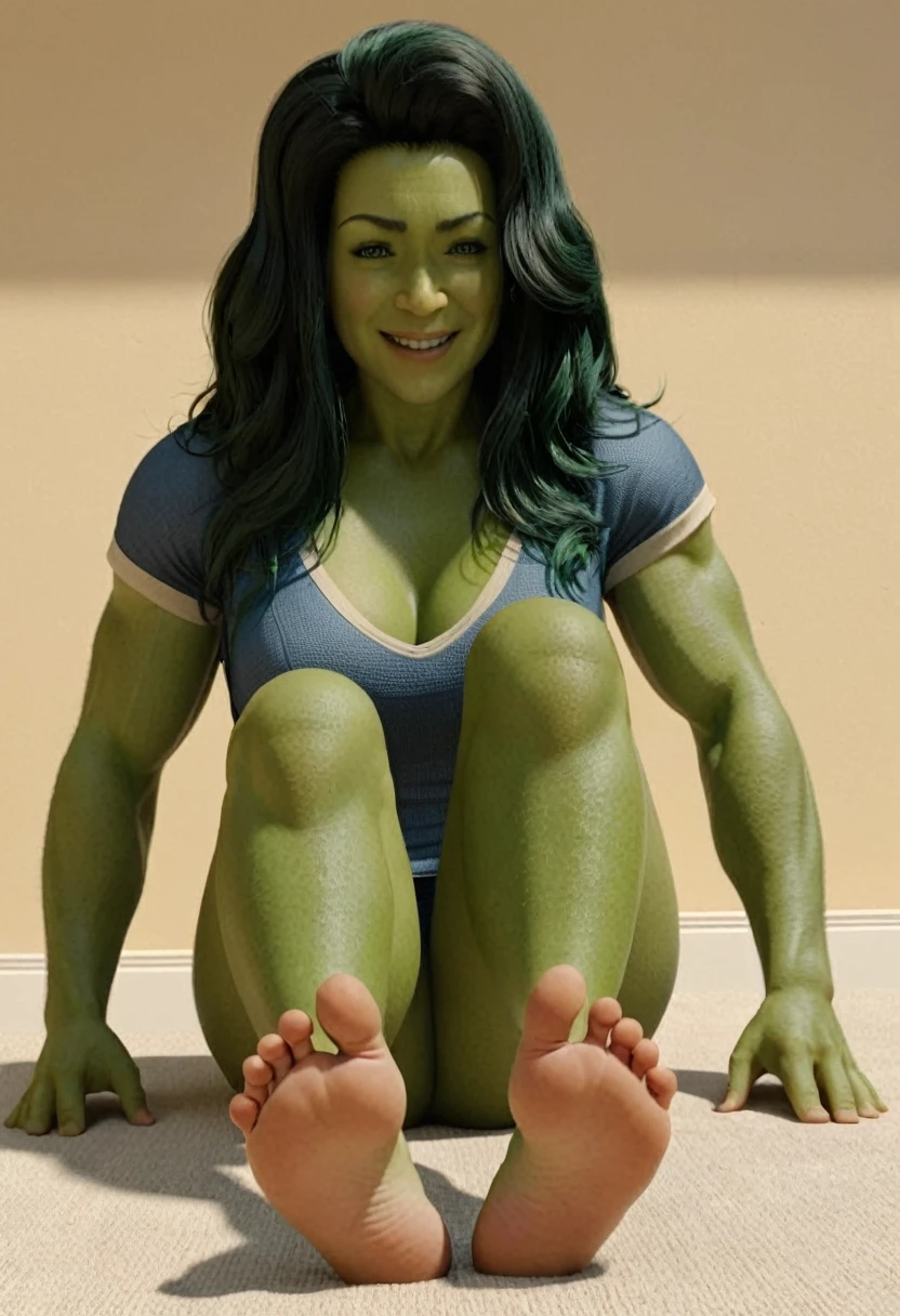  score_9,score_8_up,score_7_up, source_realistic, BREAK 1girl, she-hulk,sitting on the floor and showing her feet, (pov from below:1.3), micro POV, stepping on viewer, foot focus, curled toes, wide feet, barefoot, both detailed feet, RealFeet, five toes, smooth natural toenails,anklet, BREAK realistic, highly detailed,detailed skin,depth of field,film grain