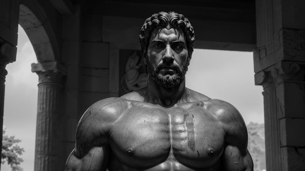 a portrait statue of the stoic Marcus Aurelius in black and white 4K, Super realistic ANCIENT GREEK RUINS, fully body, corpo stark, brawny, stark, wearing no shirt, tronco stark, stark, wearing no shirt, strong arms, 8K, ultra realisitic, cinematographic
