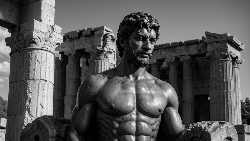 a portrait statue of the stoic Marcus Aurelius in black and white 4K, Super realistic ANCIENT GREEK RUINS, fully body, corpo stark, brawny, stark, wearing no shirt, tronco stark, stark, wearing no shirt, strong arms, 8K, ultra realisitic, cinematographic