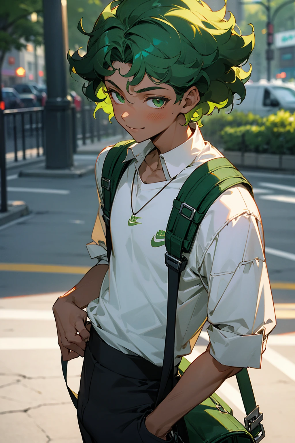 dark green hair, green eyes, smiling, curly hair, young male, lean build , ager, white shirt, short length hair, dark skin, wearing jewlery, nike pants, nike backpack, on the street,