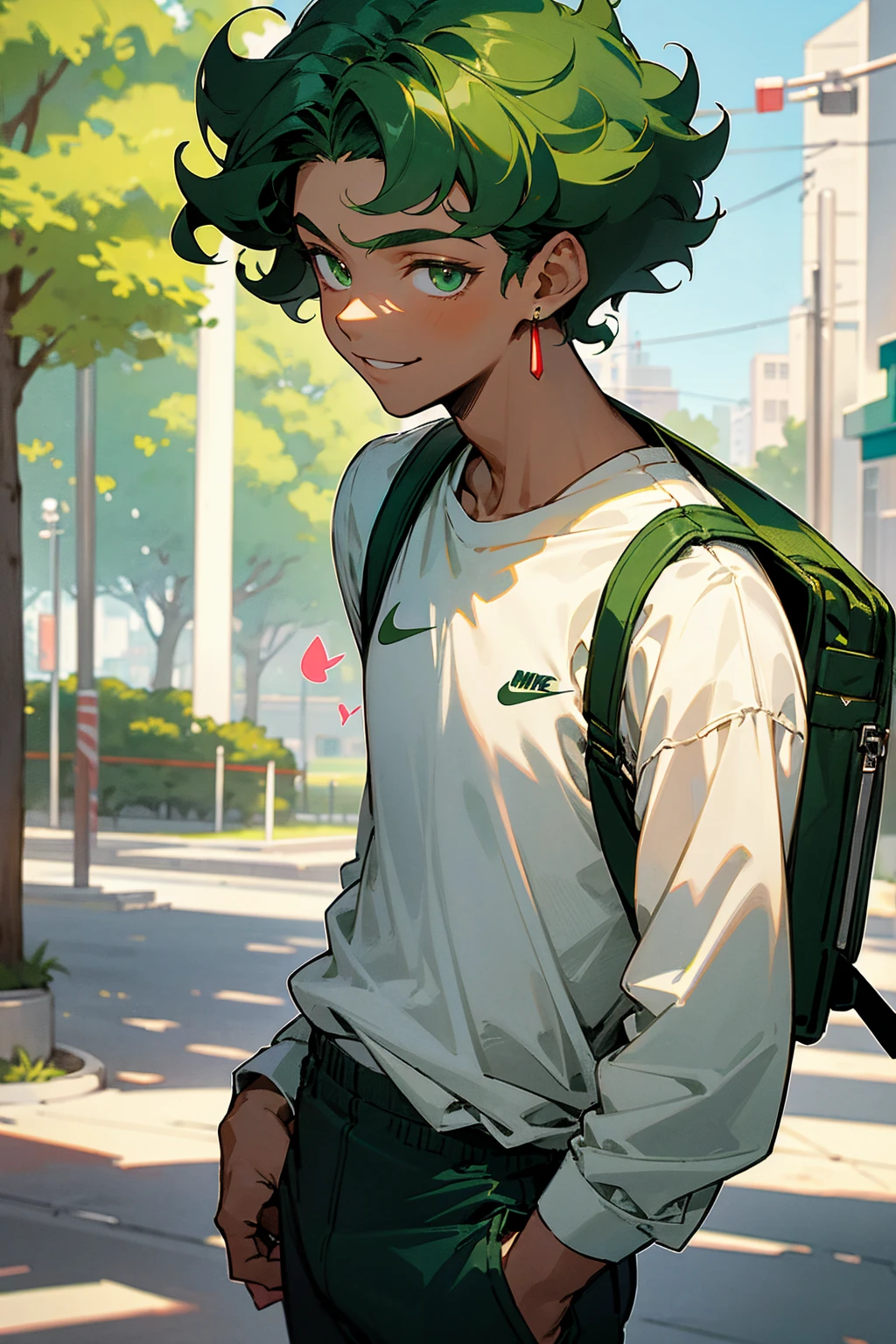 dark green hair, green eyes, smiling, curly hair, young male, lean build , ager, white shirt, short length hair, dark skin, wearing jewlery, nike pants, nike backpack, on the street,