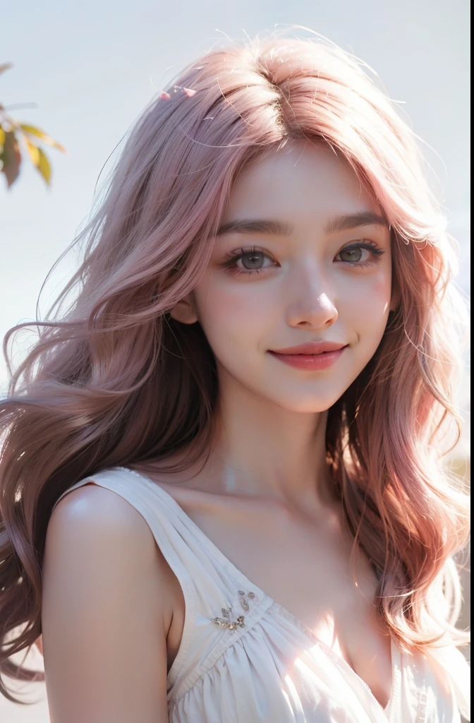 Highest quality, 8K, smile, Light pink hair, Pink Eyes, Pink and white, Cherry leaves, Vibrant colors, White Dress, Paint splashes, Simple Background, Ray Tracing, Wavy Hair