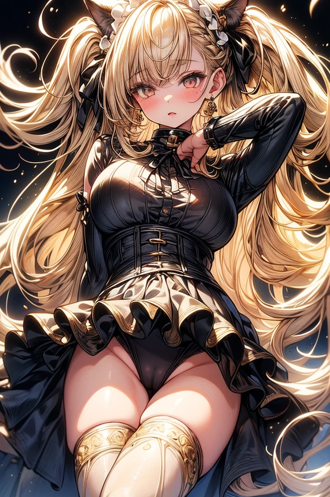 ((highest quality)),(ultra high resolution),(Super detailed),(detailed description),((best CG)),(best work of art),super precision art, great drawing art,(Art with precise details:1.5), (1 woman:1.5), beautiful and well-shaped face:1.5,(Beautiful skin with precise and detailed depiction:1.6),(Very precisely depicted French Maid outfit),provocative angle:1.6,gorgeous, masterpiece, best quality, high-resolution, finely detailed, extremely detailed and beautiful, distinct-image, 1 girl, solo, White French Maid Uniform, beautiful young age girl, 13 yarly white skin, Blonde braided ponytail hair, adorable and cute facial features, golden-brown colored eyes, Black sheer stockings plump thick lips, tiny breasts, slender and slim toned body type, tall height(190cm), small narrow waist, wide curvy hips, plump large round ass, full body picture, cat-ears, cat tail