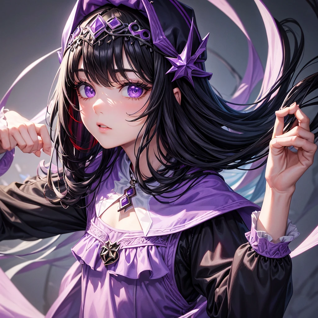((best quality)), ((masterpiece)), (detailed), 1girl,black hair, wear a violet hood with combi of black, long sleeve, upper body, infinite neclace, red berret, black writing on the shirt, yensa ,lilac eyes