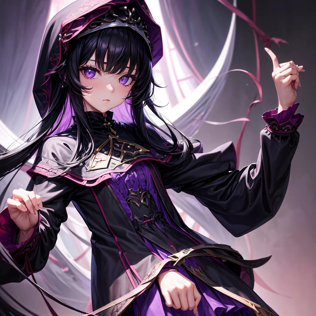 ((best quality)), ((masterpiece)), (detailed), 1girl,black hair, wear a violet hood with combi of black, long sleeve, upper body, infinite neclace, red berret, black writing on the shirt, yensa ,lilac eyes