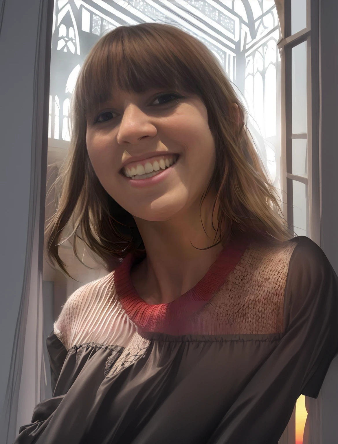 Black silk blouse, sunset, french window